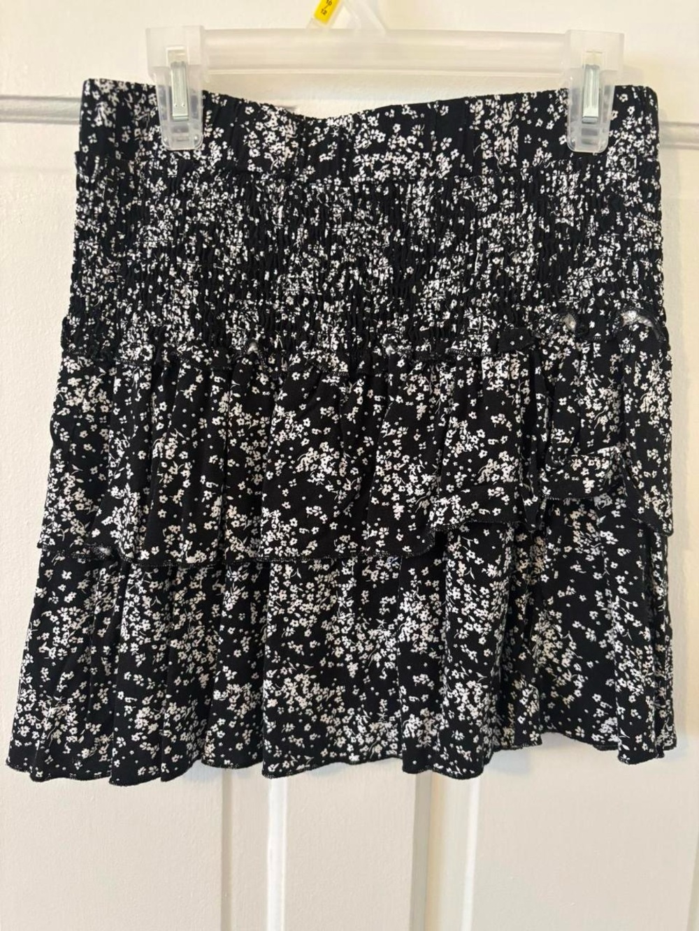 Francesca's Collections Black and White Floral Tiered Smocked Mini Skirt